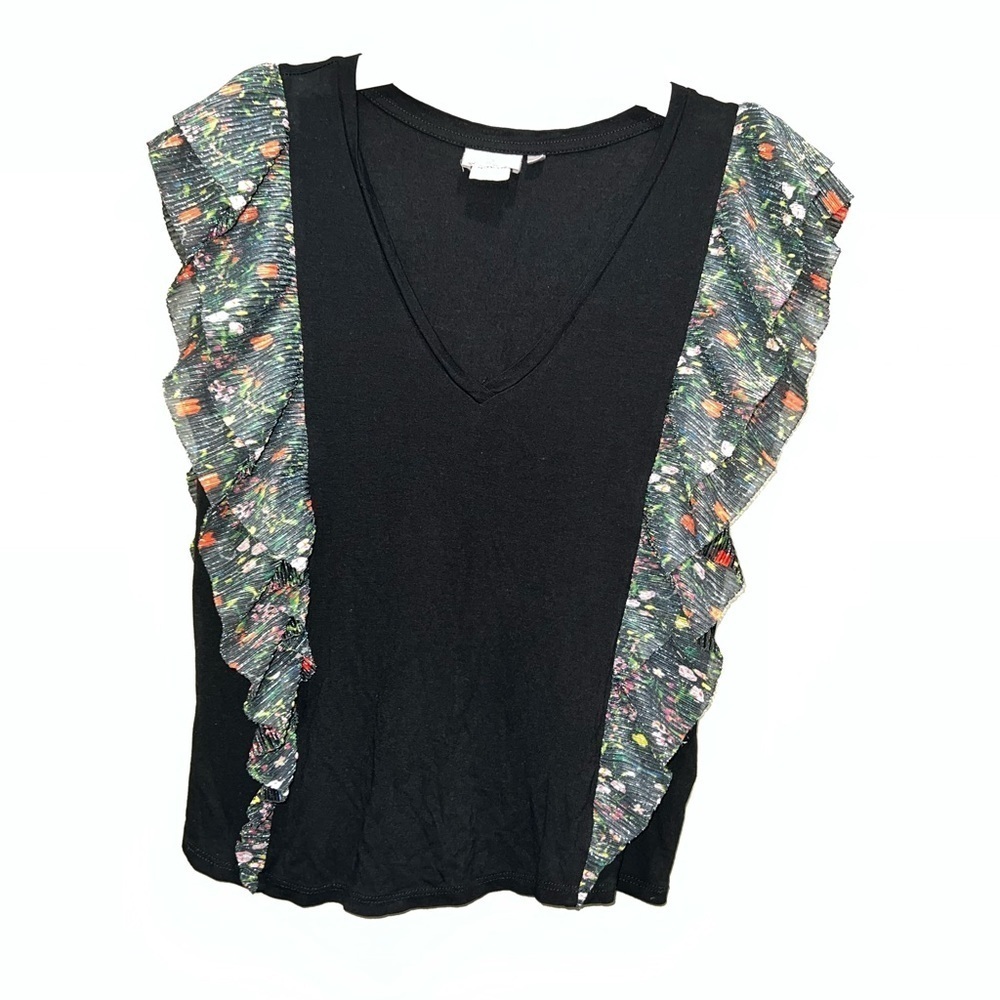 Anthropologie Vanessa Virginia Flutter Sleeve Top Black Floral Ruffle
